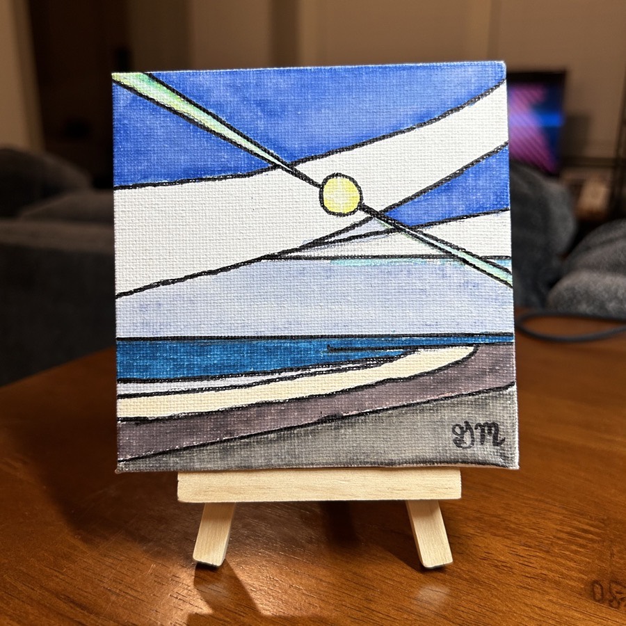 Stain glass style water color painting of the sun setting over the ocean with a beach in the foreground