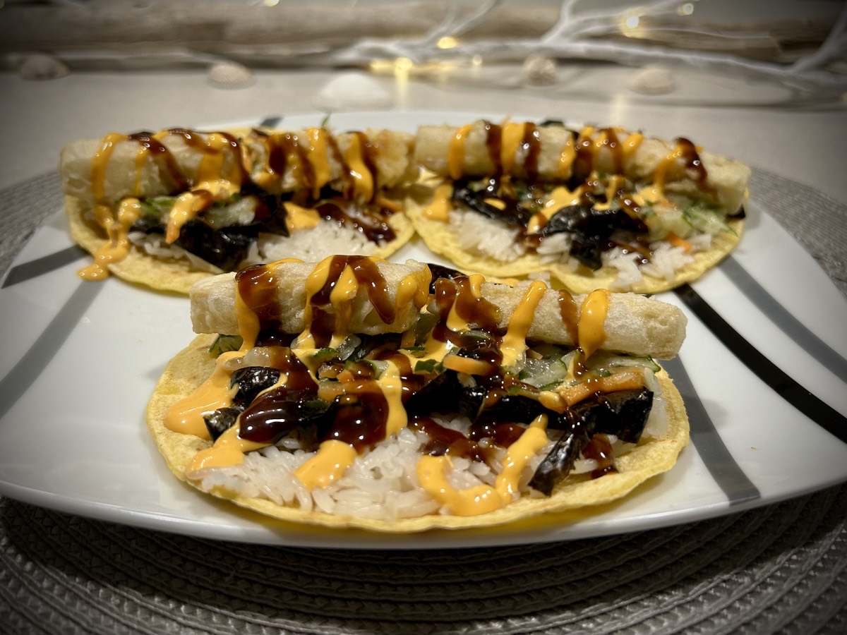 Plate of tofu tempura tacos