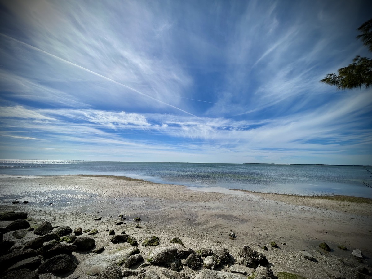 Small beach with scattered clouds in the sky and water from Tampa Bay