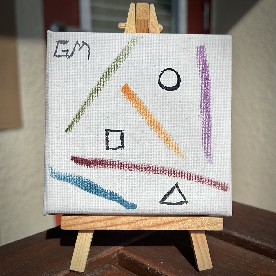 Mini painting of colored lines, a circle, a square, and a triangle
