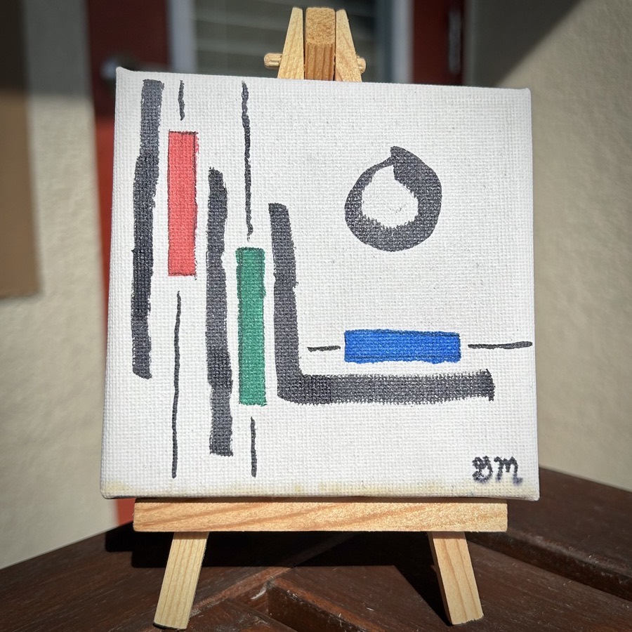 Mini painting of an ensō and lines of black, red, green, and blue