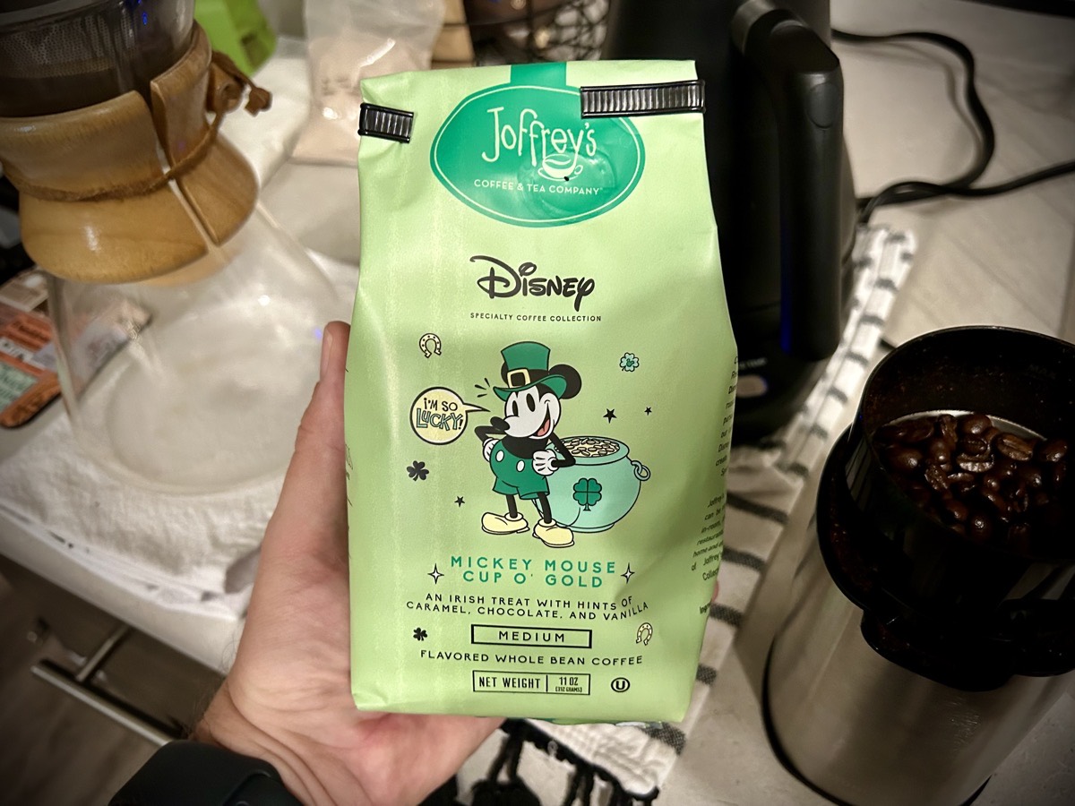 Bag of Joffrey's Mickey Mouse Cup O' Gold coffee beans