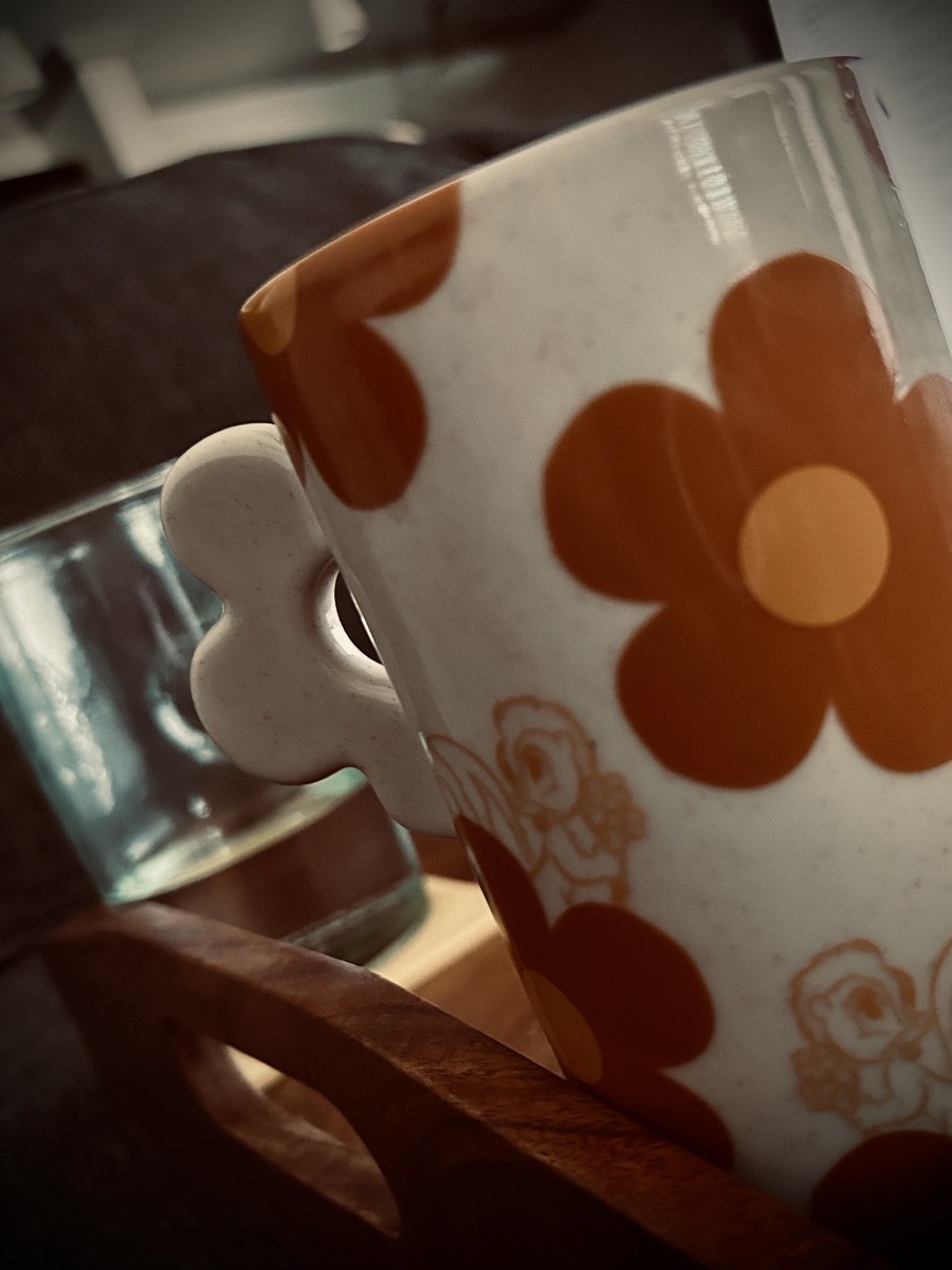 Cup with flowers on it and Disney's Flower character from Bambi. There is also a glass of water in the background