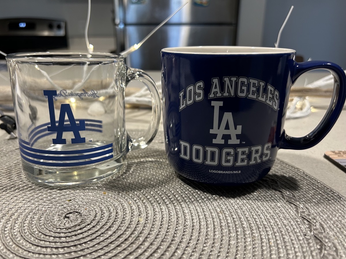 Clear LA Dodgers mug and blue LA Dodgers mug