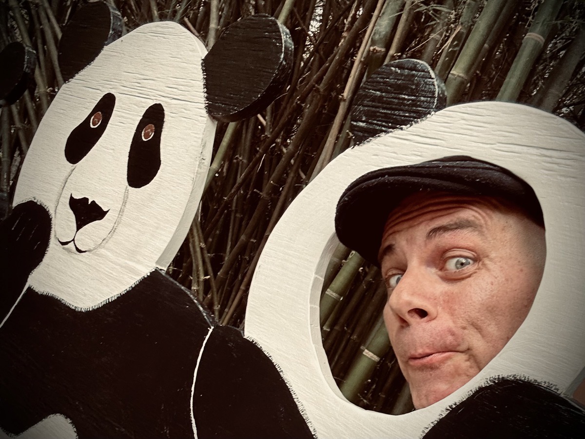 Selfie with a panda photo op cutout