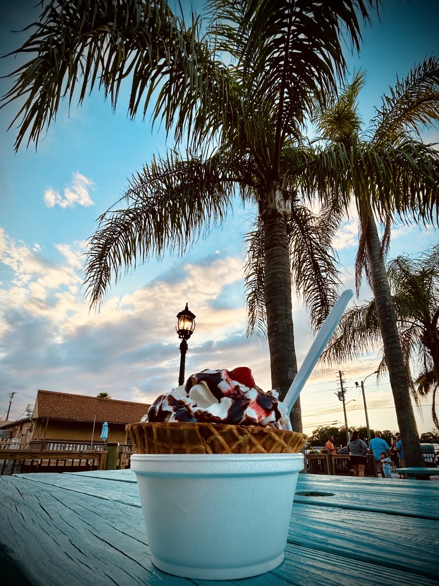 Bowl of ice cream with palm trees and a sunset